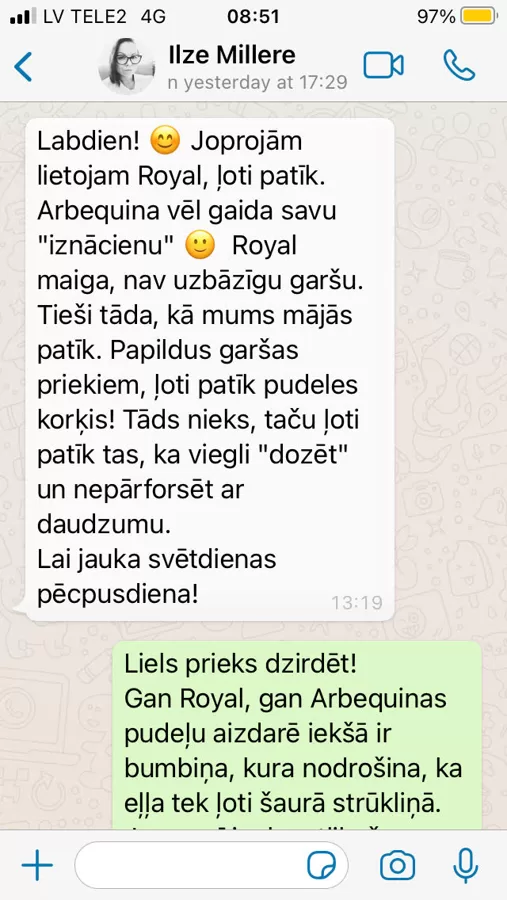Ilzei garšo Royal EVO un patīk pudeles aizdare, kas nodrošina, ka eļļa tek šaurā strūkliņā