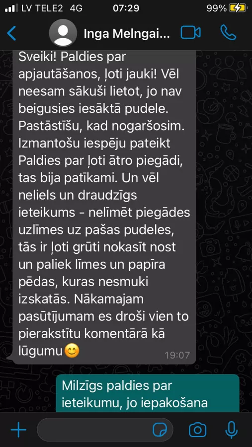 Inga priecīga par ātru piegādi, iesaka nelīmēt piegādes uzlīmi tieši uz pudeles.