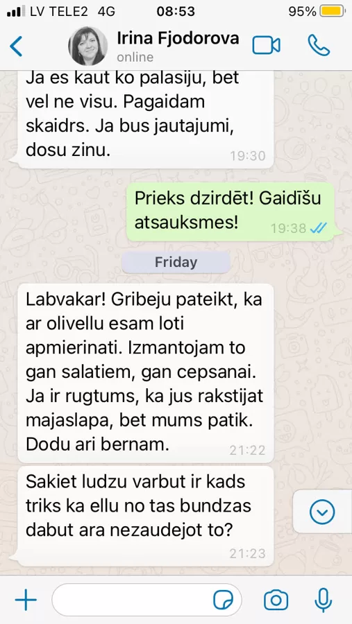 Irina ir apmierināta ar iegādāto Oleodiel Bio Picual EVO